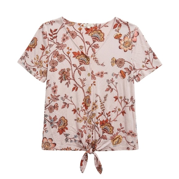 Maurices Tops - Maurices Pink Floral Button Down‎ Tie Front Flutter Sleeve Top Small